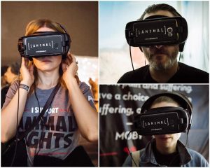 verschiedene Personen mit der virtualReality-Brille. Die iAnimal-Brille ermöglicht es, die Sicht eines Tieres in der Massentierhaltung einzunehmen
